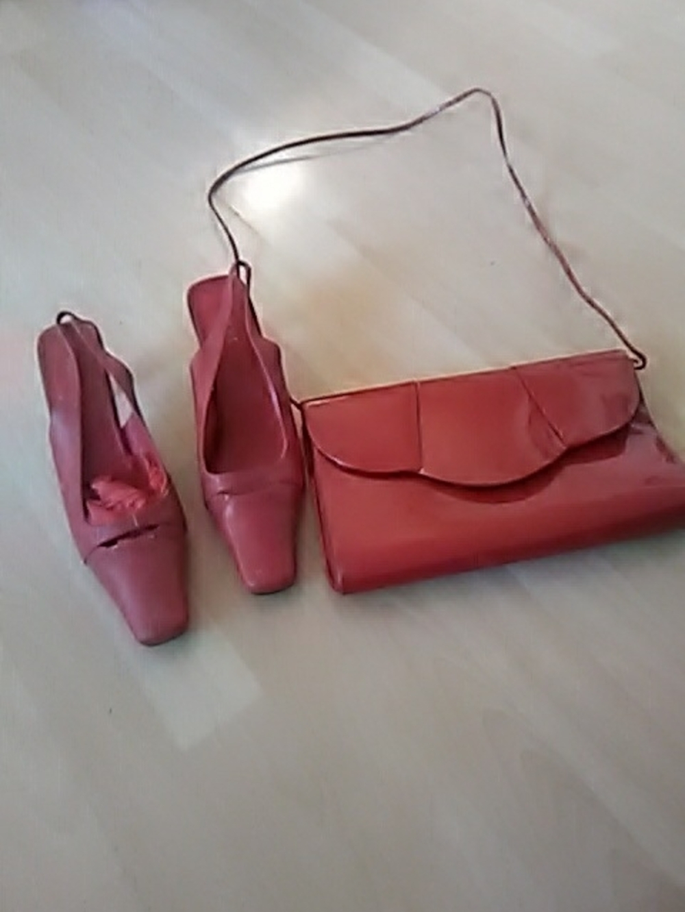 Women's Red Leather Slingback Pumps with Matching Red Clutch